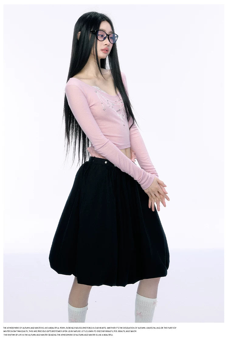 JN's DESIGN - Black Bubble Hem Skirt with Pearl Button Detail