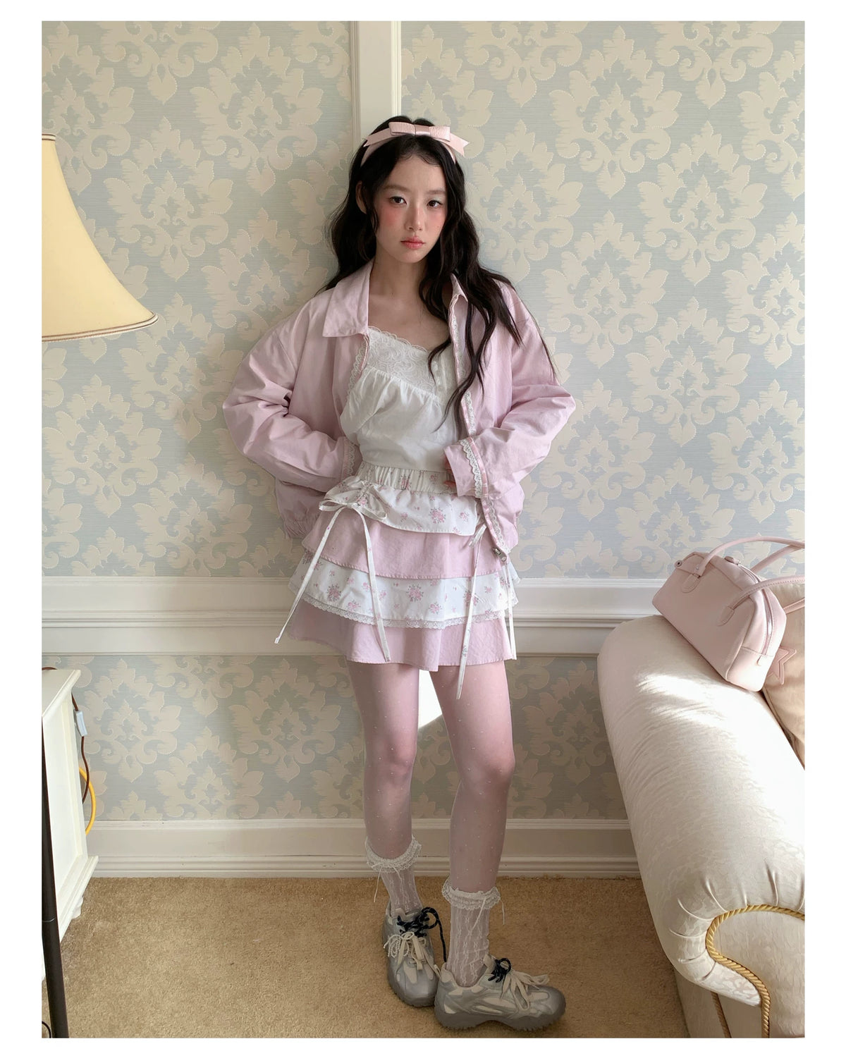 [RF] “Blush Meadow” White & Pink Floral Reversible Jacket and Mini Skirt Set