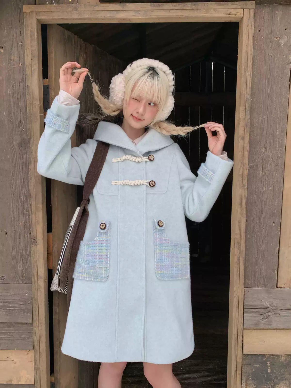 RF - Light Blue Plaid Mid-Length Wool-Blend Coat with Toggle Closures