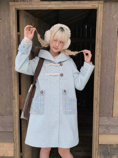 RF - Light Blue Plaid Mid-Length Wool-Blend Coat with Toggle Closures