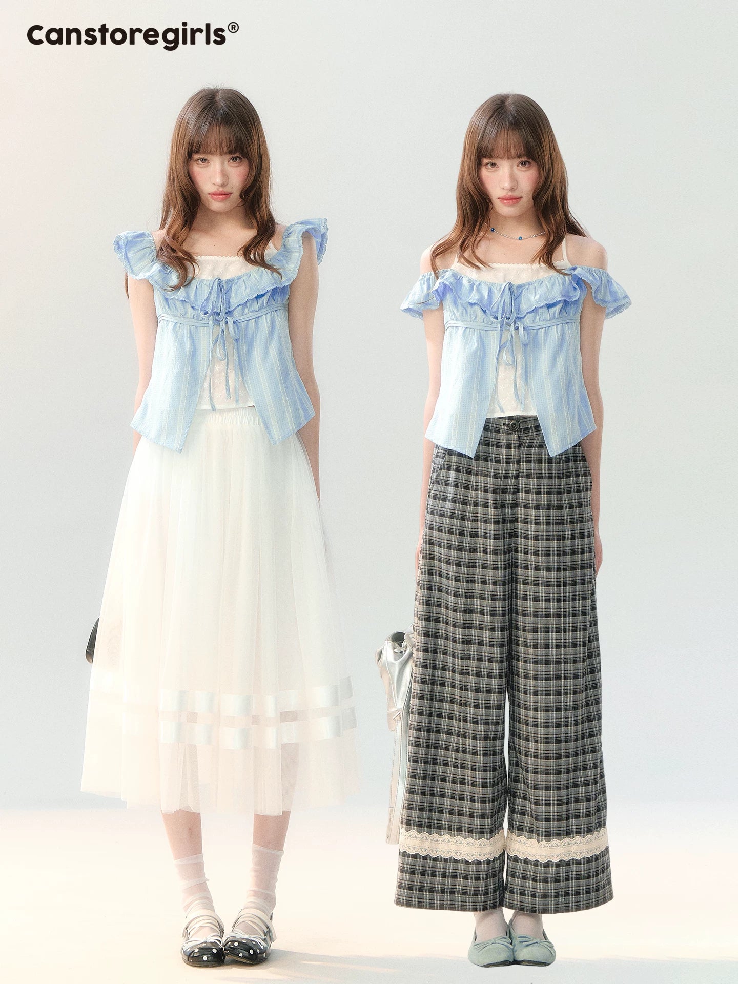 "Blue Mist Academy" Embroidered Off-Shoulder Layered Blouse SH2026204