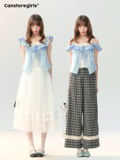 "Blue Mist Academy" Embroidered Off-Shoulder Layered Blouse SH2026204