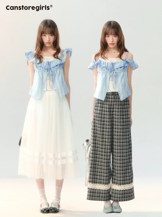 150625C "Blue Mist Academy" Embroidered Off-Shoulder Layered Blouse