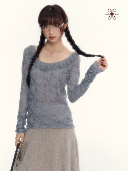 “Everyday Mist” Jacquard Lace Layering Top ( Ivory / Fog Gray )