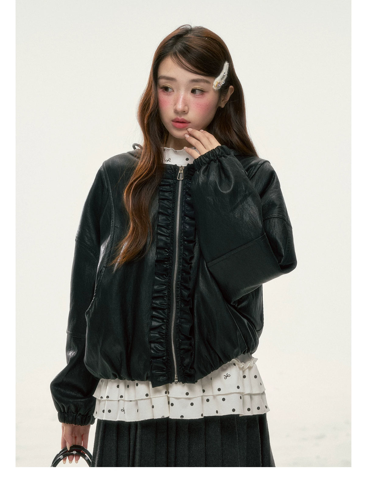 BIBIBENCY - Black Ruffle-Trim Faux Leather Jacket