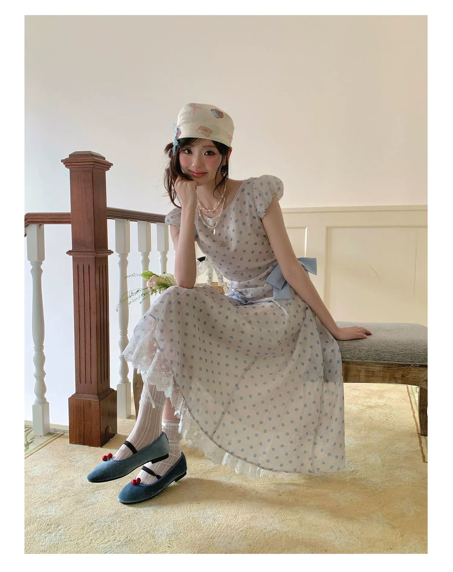 “Blue Mist Polka Reverie” Mist Blue Bow Lace Dress