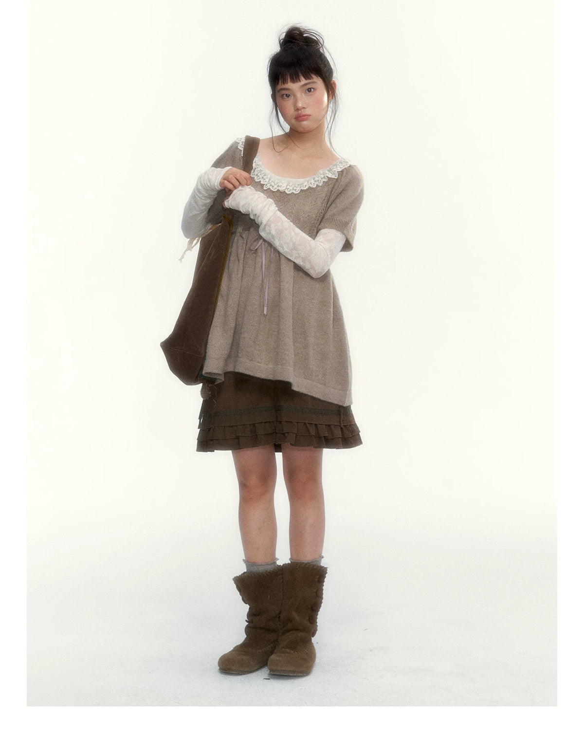“Cloud Pleats” Chestnut Mist U-Neck Bow-Tie Puff Sleeve Knit Sweater