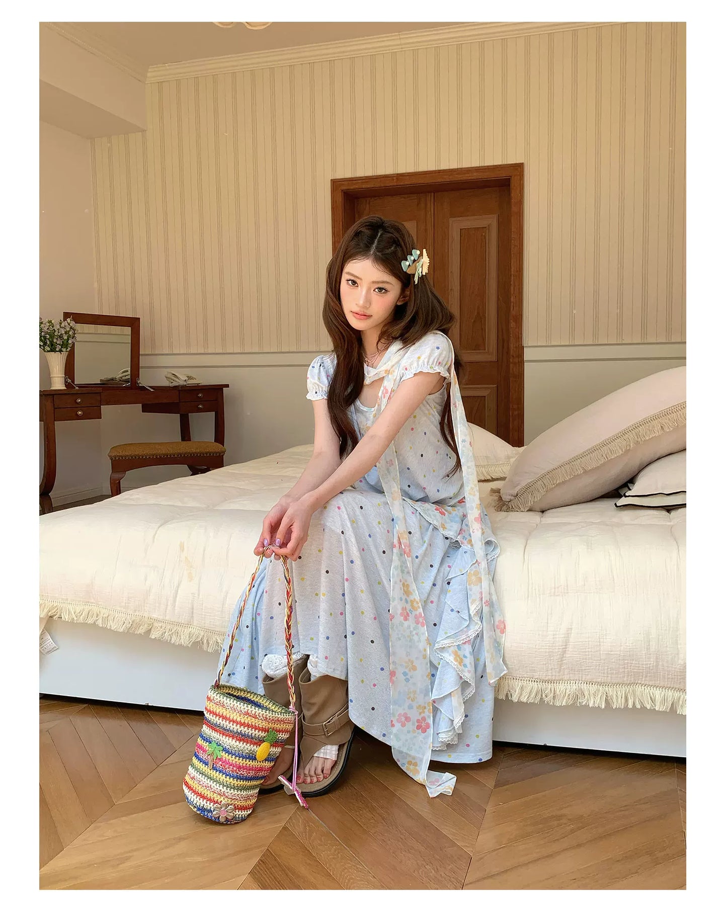 “Sea Salt Blossom Letter” Baby Blue Layered Skirt Set