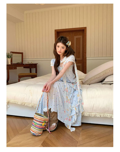 “Sea Salt Blossom Letter” Baby Blue Layered Skirt Set