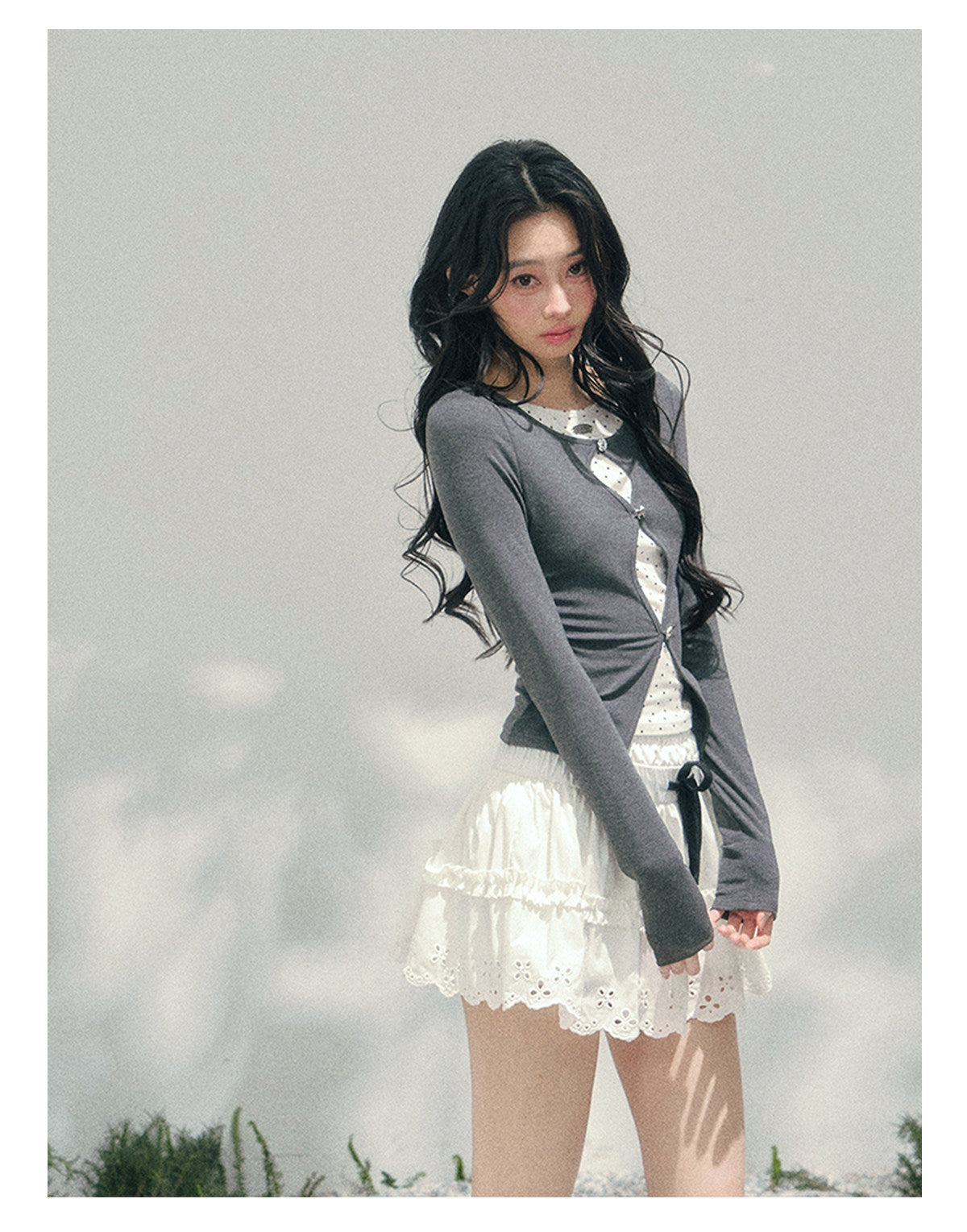 少也眼 "Twilight Pause" Faux Two-Piece Polka Dot T-Shirt in Soft Silver Gray 45234752
