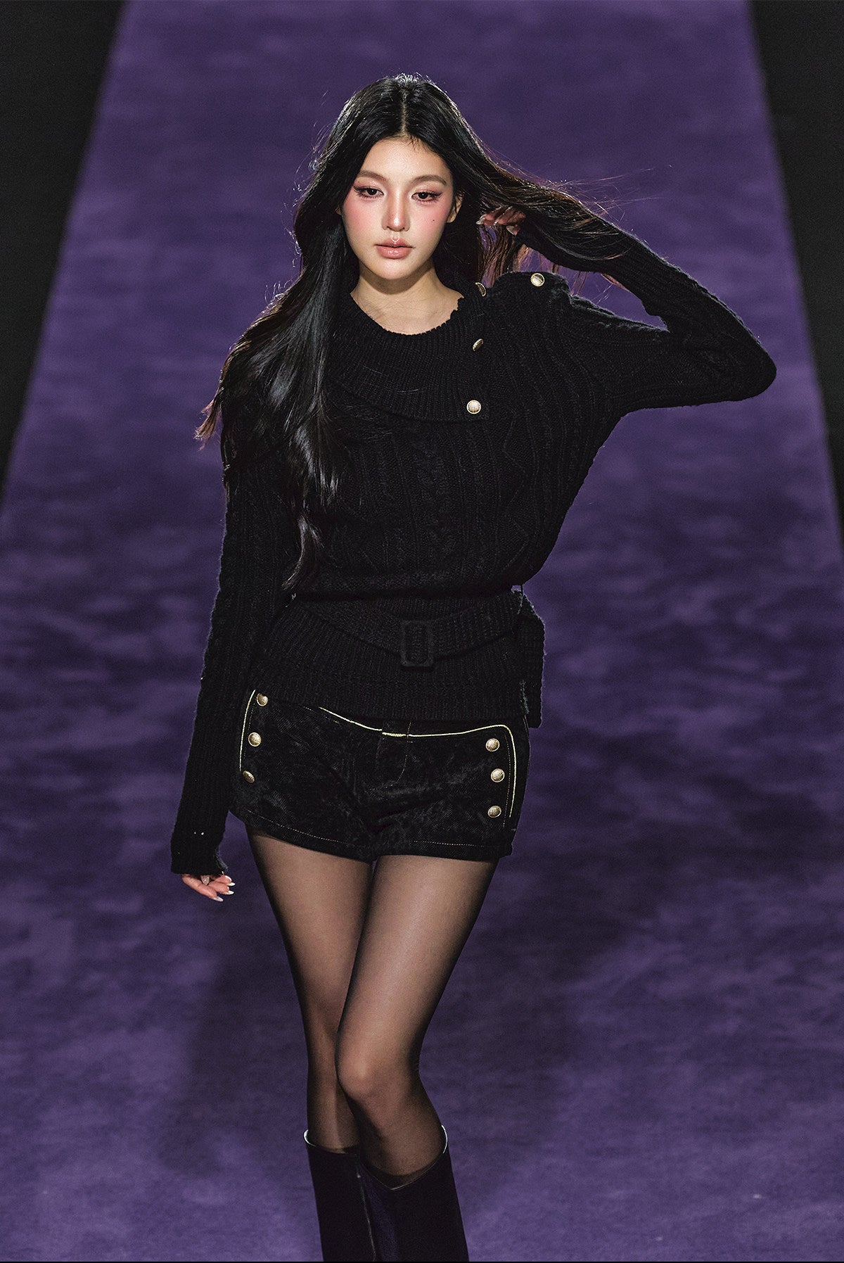 "Winter Hearth" Black Australian Wool Cable-Knit Mock Neck Sweater