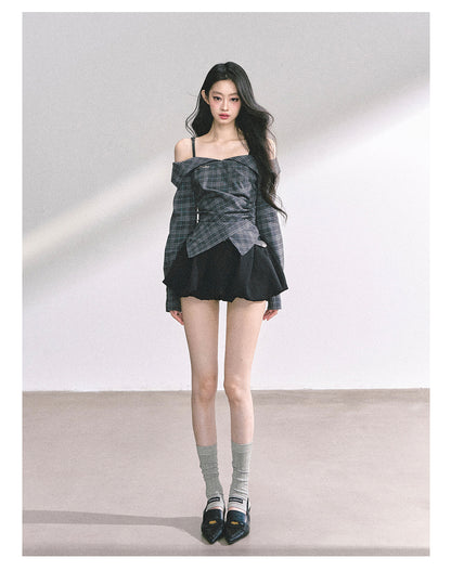 少也眼 "London Reveries" Off-Shoulder Plaid Sun-Proof Shirt - Charcoal Black