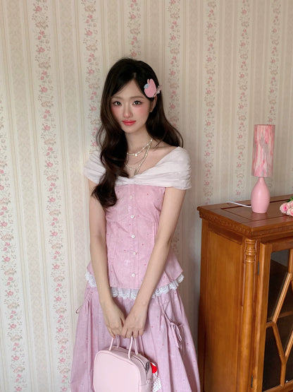 “Peach Mist Starlit Meadow” Pink Off-Shoulder Skirt Set