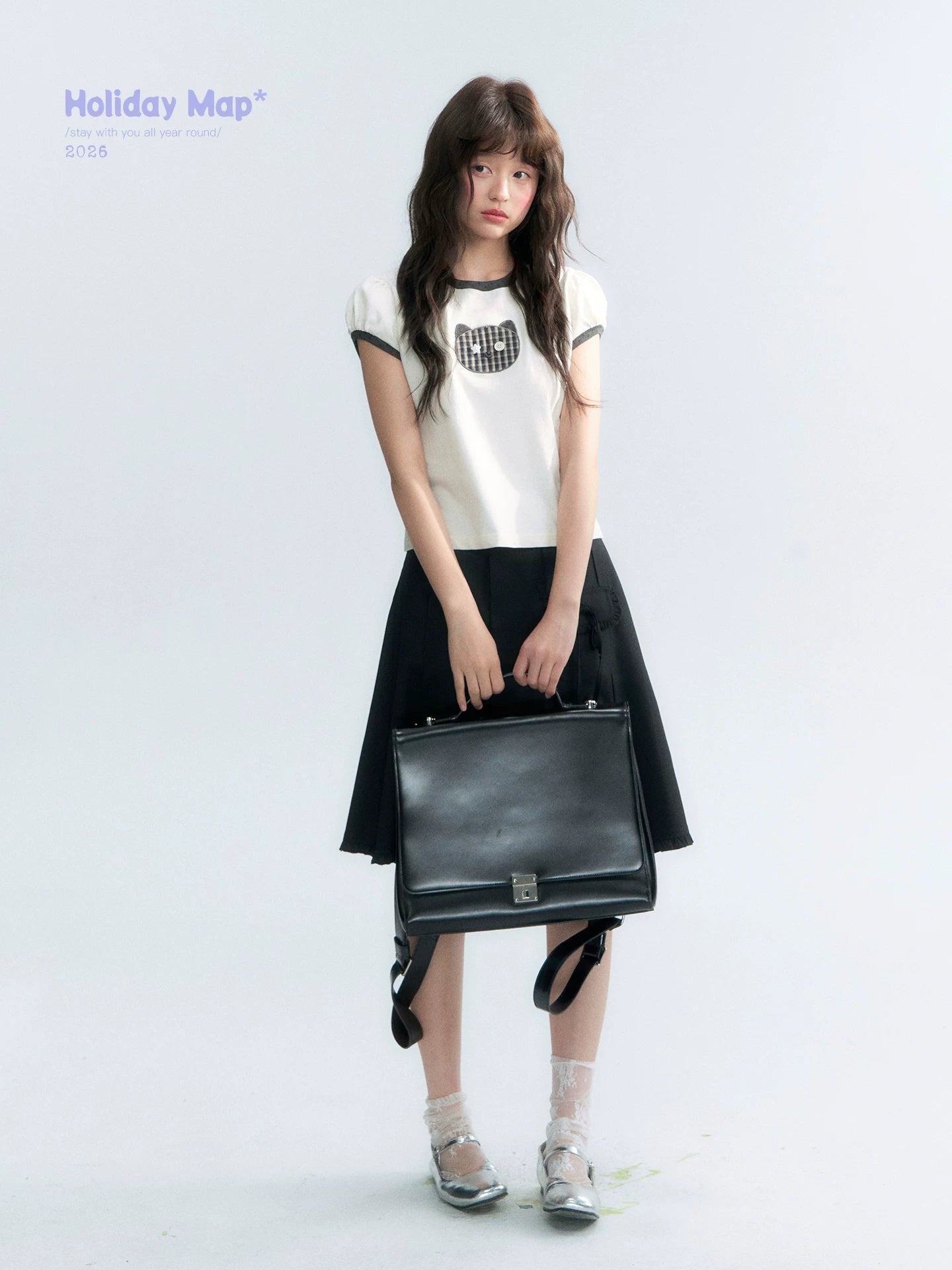 "Hide and Seek" Ivory Cat Patchwork Embroidered Puff Sleeve T-Shirt