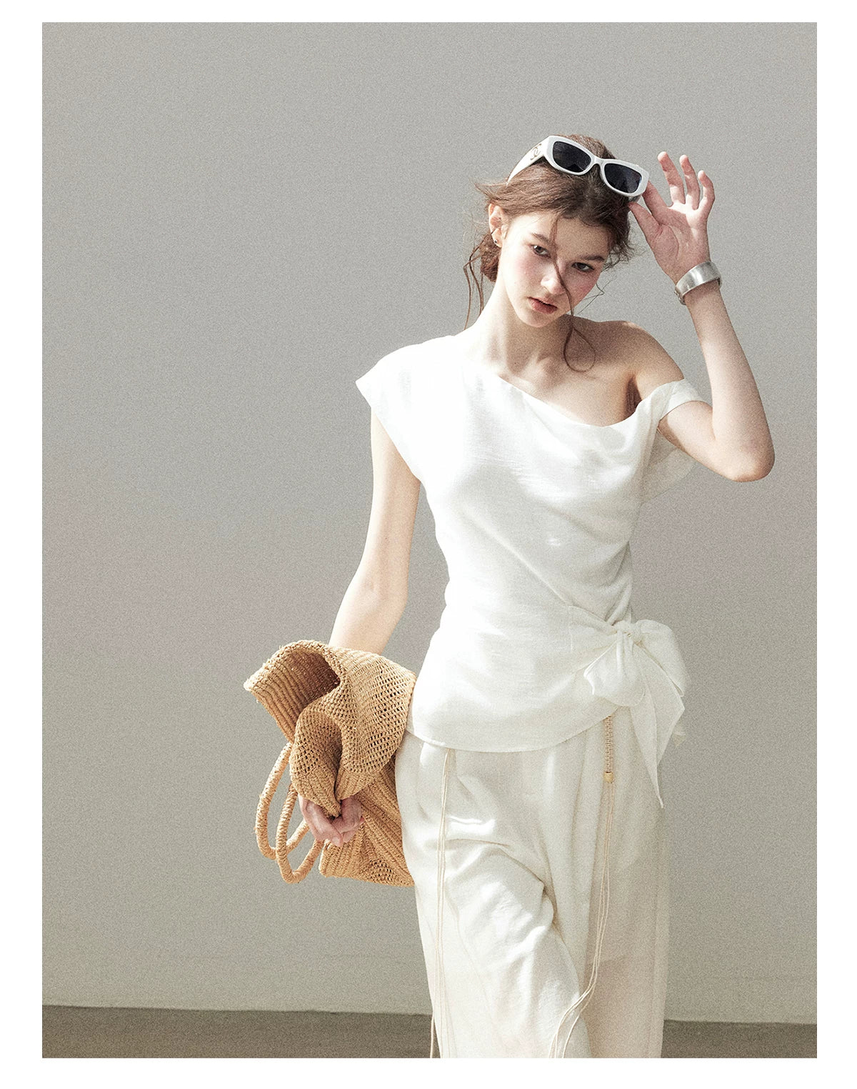 "Her Moonlight" Camellia White Off-Shoulder Top & Wide-Leg Pants Set
