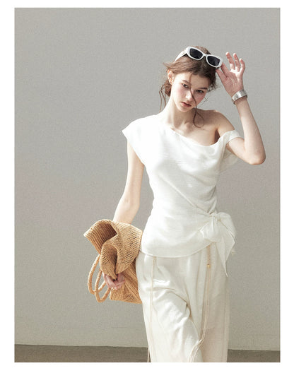 "Her Moonlight" Camellia White Off-Shoulder Top & Wide-Leg Pants Set