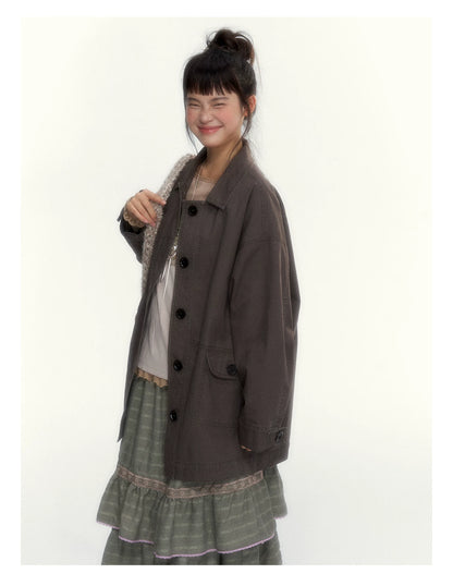 Dark Coffee Brown Washed Cotton Utility Jacket