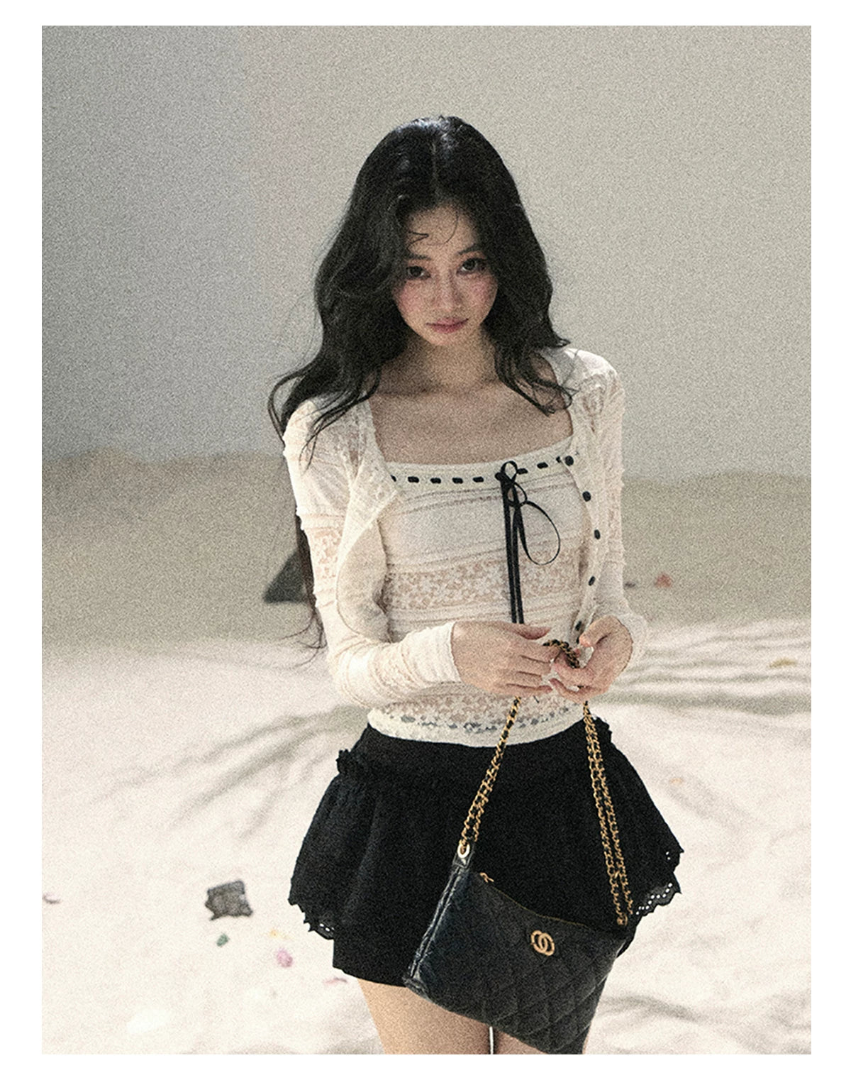 "Summer Shimmer Reverie" Creamy Oat White Lace Cutout Cardigan & Camisole Set 5864536513
