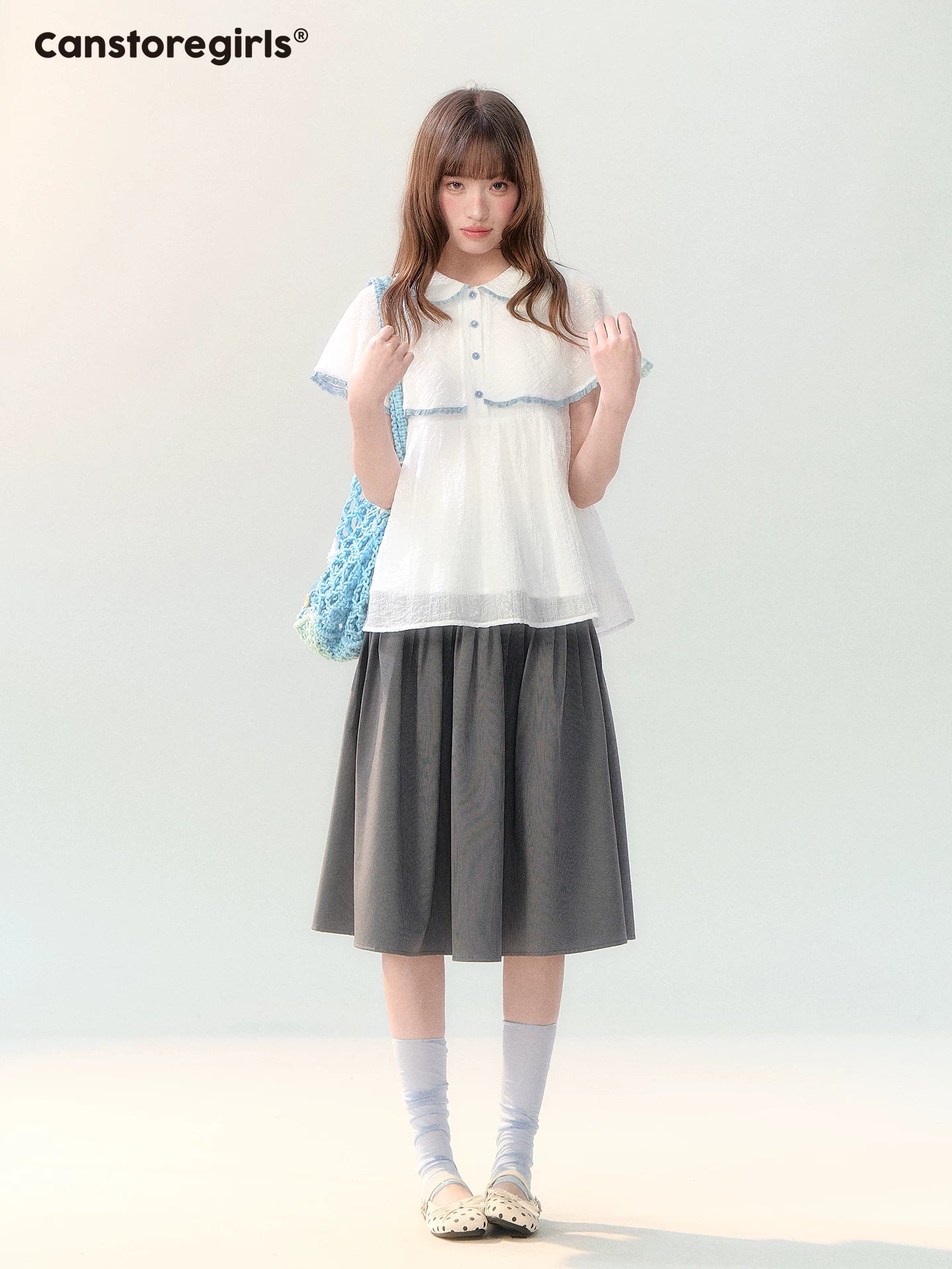 "Cloudside Letter" White Cape Collar Babydoll Blouse LL2026218
