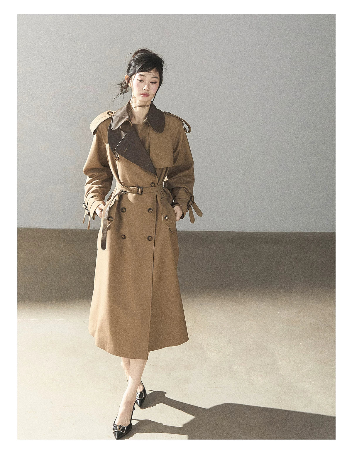 AOMALM - Chestnut Brown Long A-Line Trench Coat with Belt