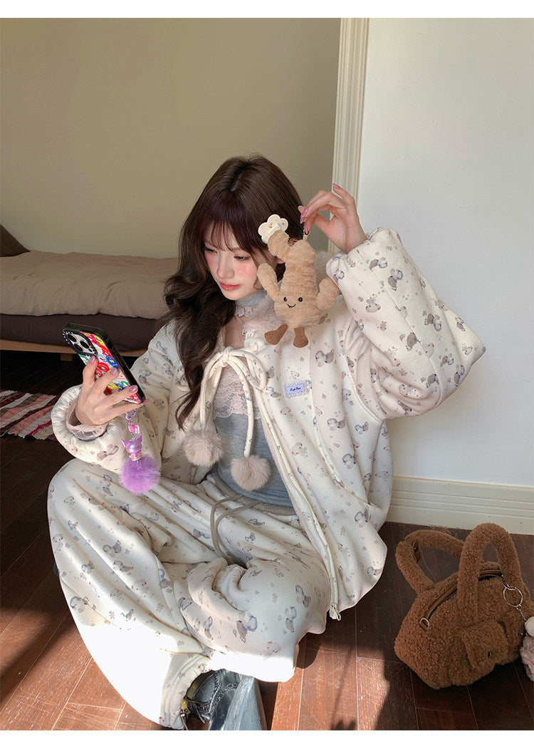 阮阮自制 - Honey Bear Ivory Plush Padded Jacket & Fleece Pants Set