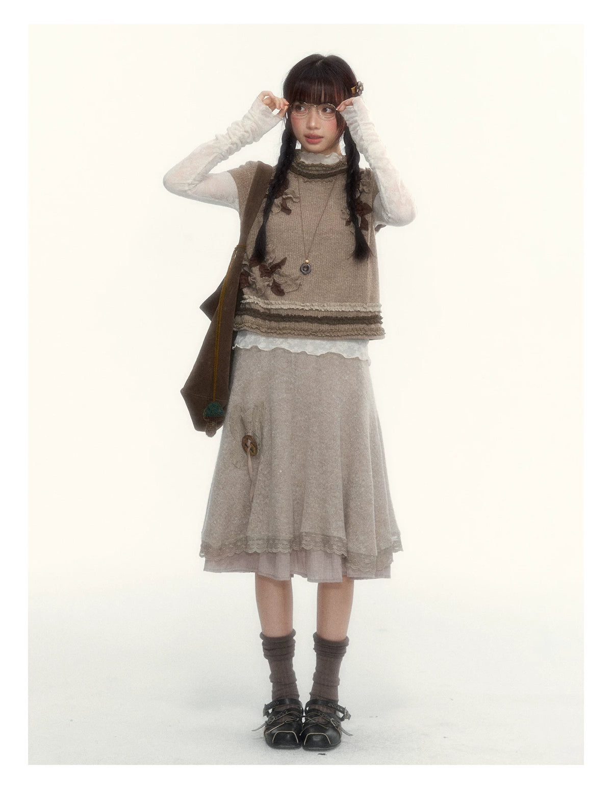 Milk Coffee Vintage Lace Knit A-Line Skirt
