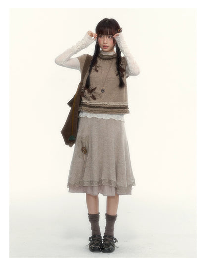 Milk Coffee Vintage Lace Knit A-Line Skirt