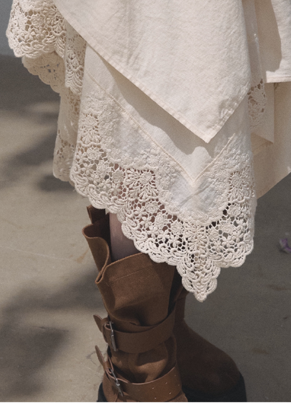 OAKMOO/ Distressed Slouchy Mid-Calf Combat Boots with Layered Straps