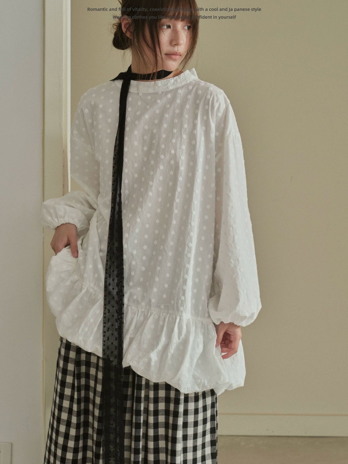 "Blooming Mist" White Textured Polka Dot Tie-Waist Bubble Midi Dress