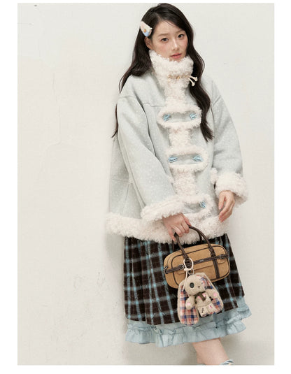 RF - Mist Blue Bow Print Suede-Look Jacket with Cream Curly Faux Fur Trim