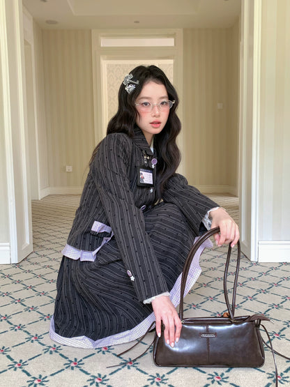 [[RF] “Ink Plaid Prelude” Gray-Purple Plaid Striped Pleated Skirt Two-Piece Set