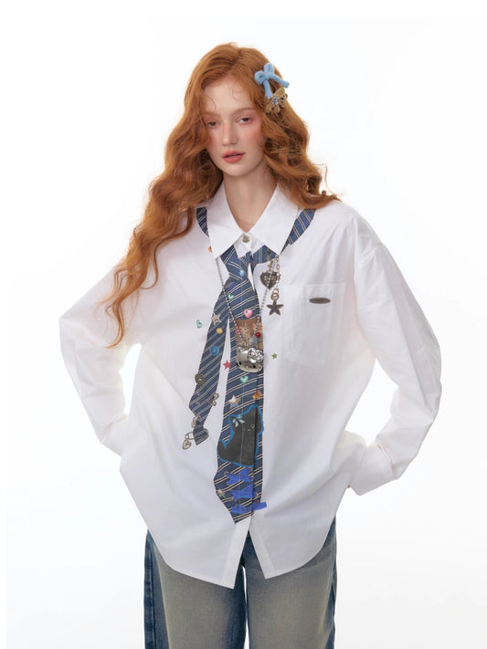 ZiziFei - White Oversized Shirt with Printed Tie Detail