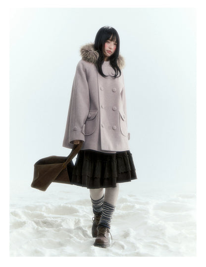 Japanese Hooded Double-Breasted Wool Coat (Deep Charcoal Gray / Taro Purple)