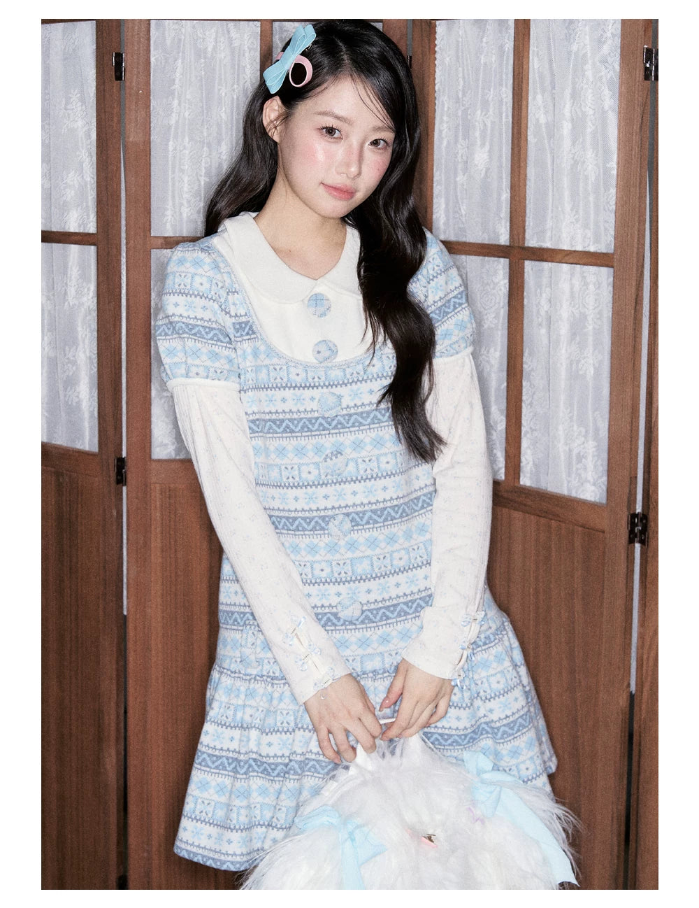 [RF] Vintage Geometric Jacquard Peter Pan Collar Knit Dress with Ruffle Hem