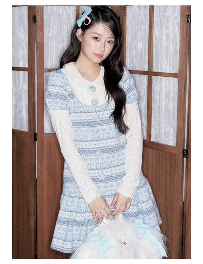 [RF] Vintage Geometric Jacquard Peter Pan Collar Knit Dress with Ruffle Hem