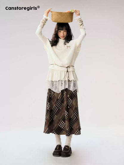 [CAN] "Cloud Knit Reverie" Ivory Cable Knit Bow Embroidered Vest