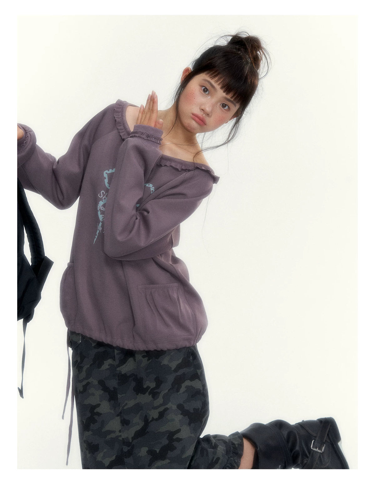 Deep Purple Bow-Tie Lettuce-Trim Off-Shoulder Sweatshirt