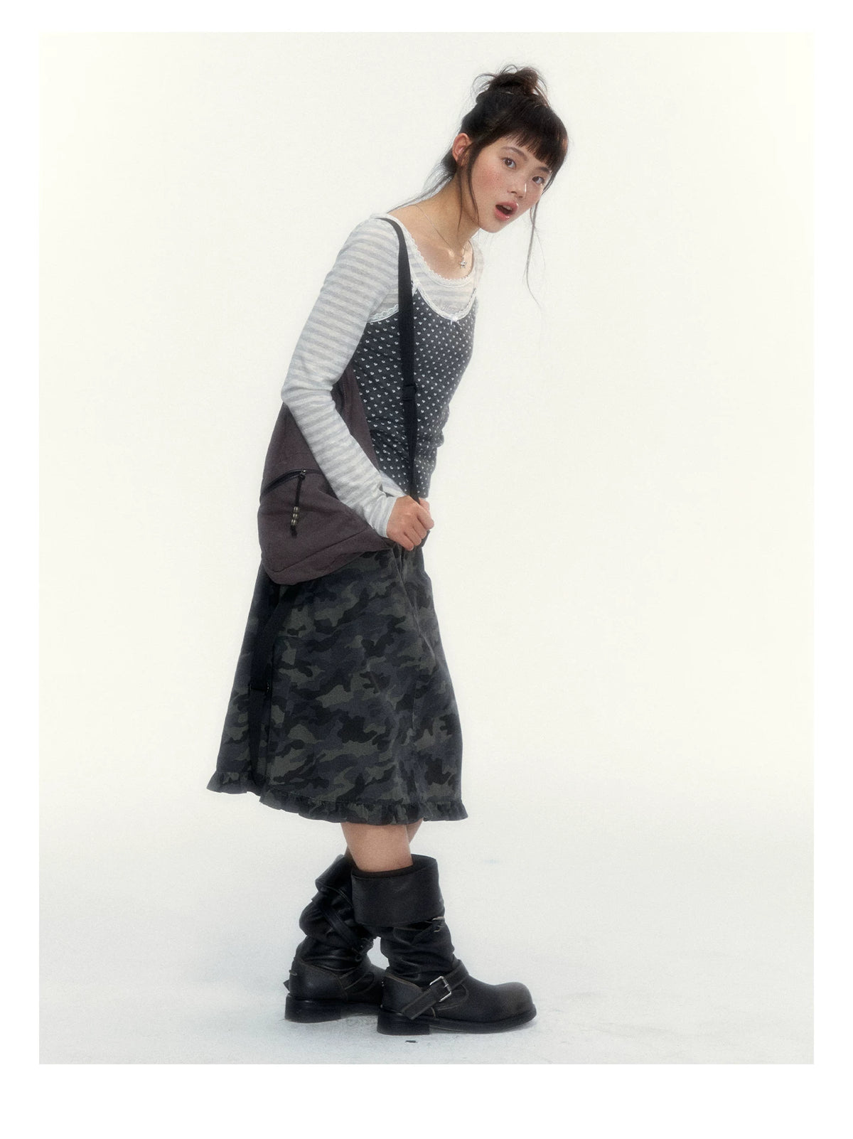 “Heart Dot” Charcoal Polka Dot Lace Trim Fitted Knit Cami