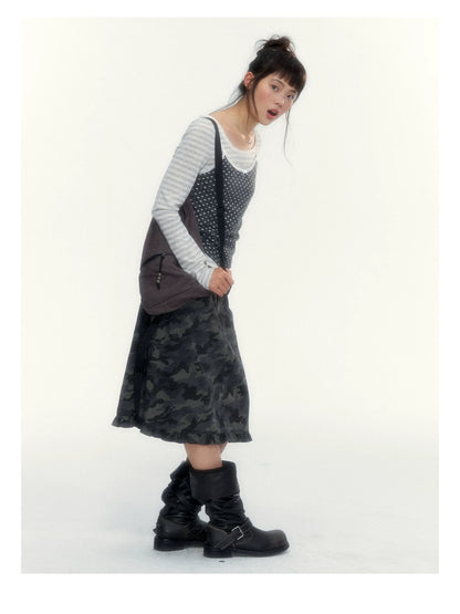 “Heart Dot” Charcoal Polka Dot Lace Trim Fitted Knit Cami