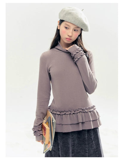 "Lavender Mist" Smoky Mauve Ruffle Ruched Turtleneck Knit Top