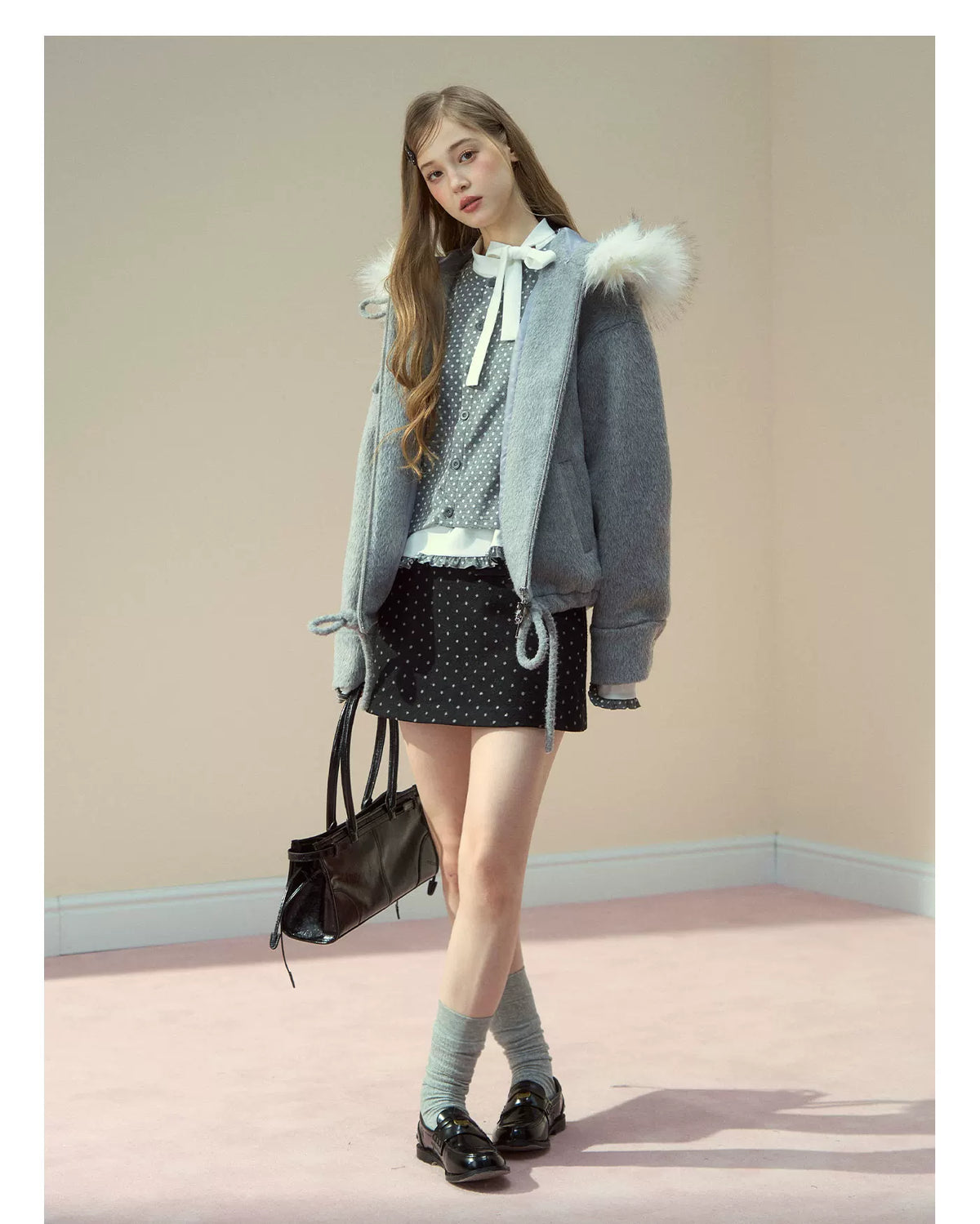 SunsetPark - "Warm Winter Days" Faux Fur Collar Wool-Blend Top Coat (Gray / Pink)
