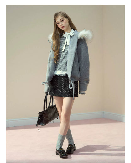 SunsetPark - "Warm Winter Days" Faux Fur Collar Wool-Blend Top Coat (Gray / Pink)