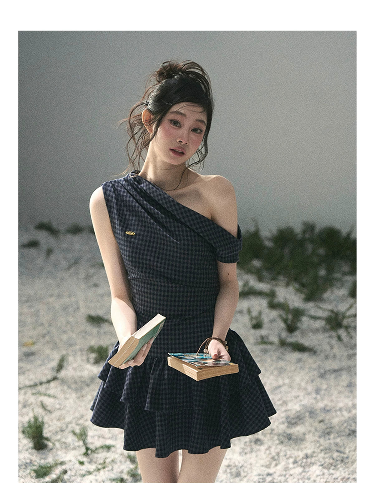 "Moonlit Bellflower Reverie" Navy Plaid One-Shoulder Mini Dress 567474