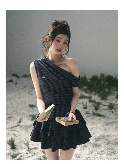 "Moonlit Bellflower Reverie" Navy Plaid One-Shoulder Mini Dress 567474