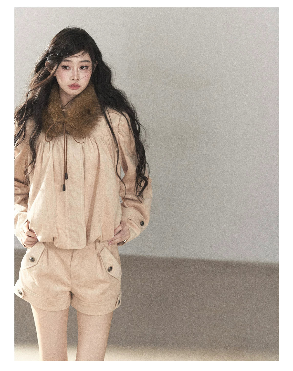 AOMALM - Mauve Faux Suede Jacket & Cargo Shorts Set
