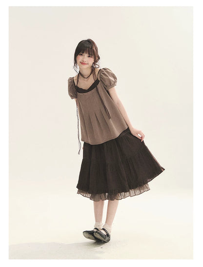 "Tea Brown Reverie" Tea Brown Off-Shoulder Puff Sleeve Knit Top