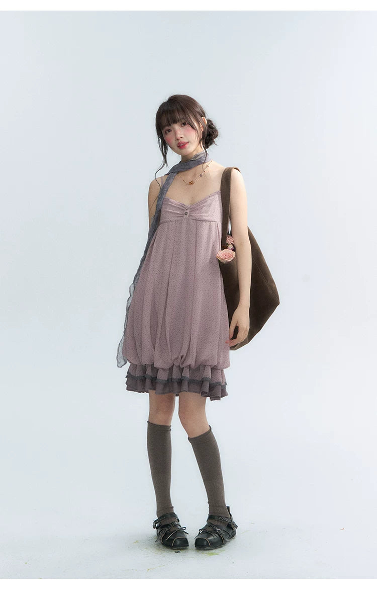 "Misty Lavender Reverie" Vintage Floral Lace Trim Midi Slip Dress