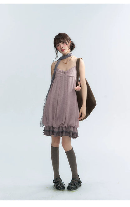 "Misty Lavender Reverie" Vintage Floral Lace Trim Midi Slip Dress