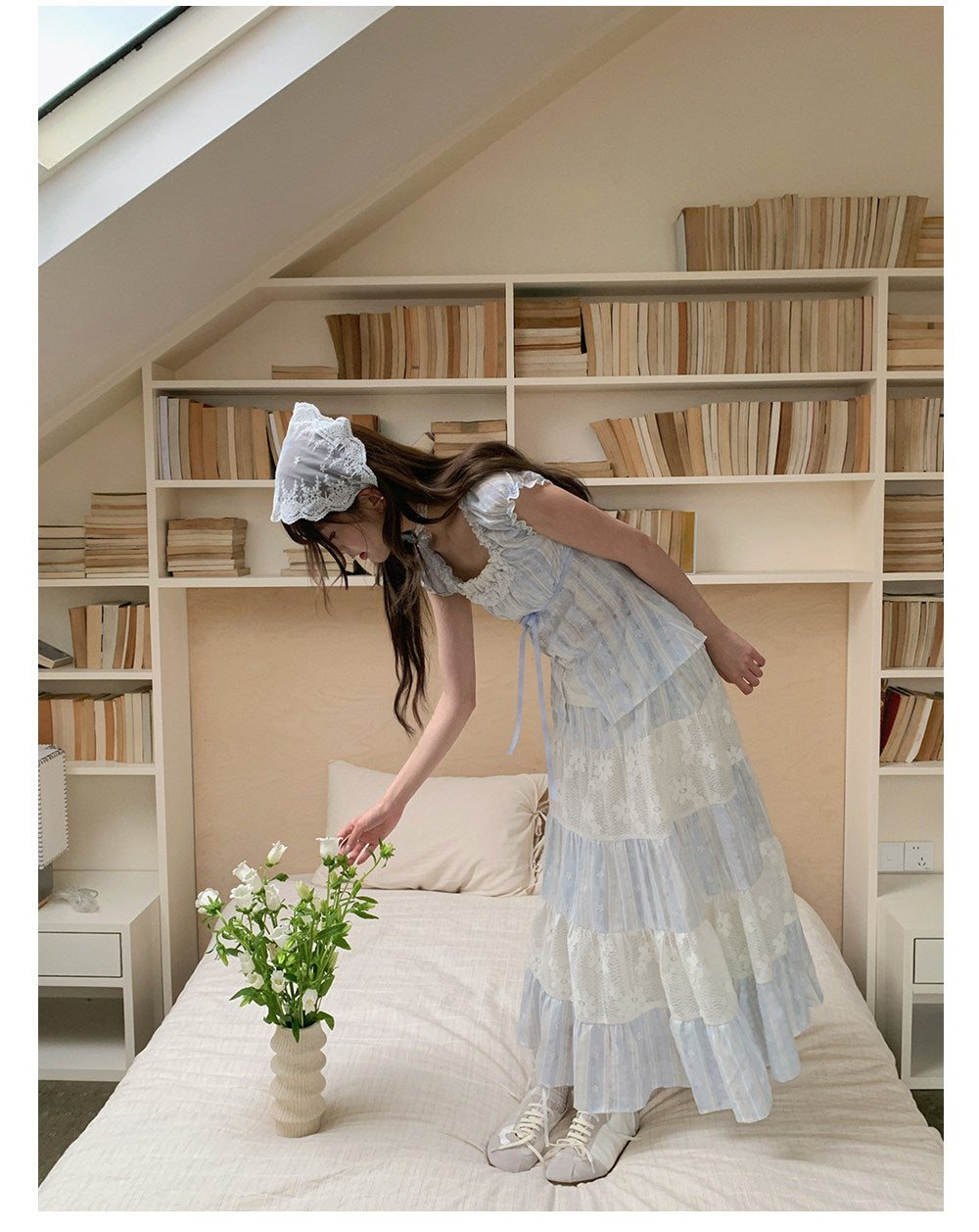 “Sea Salt Reverie” Blue Square Neck Blouse & Lace Tiered Maxi Skirt