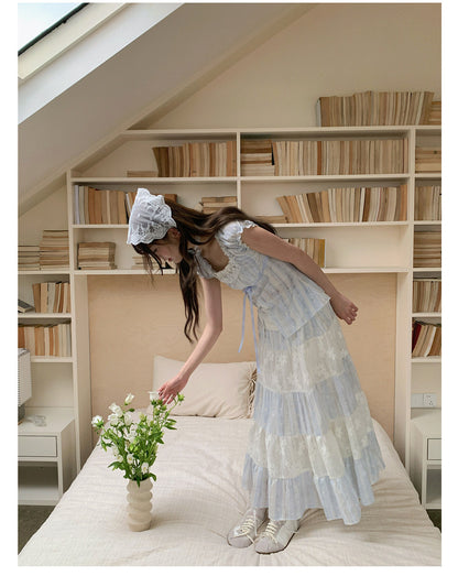 “Sea Salt Reverie” Blue Square Neck Blouse & Lace Tiered Maxi Skirt